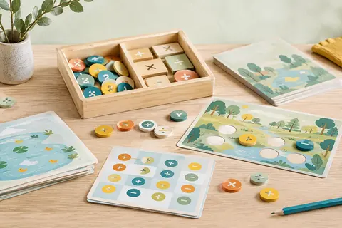 Planches illustrées et jetons multicolores du jeu de calcul disposés sur une table en bois clair.