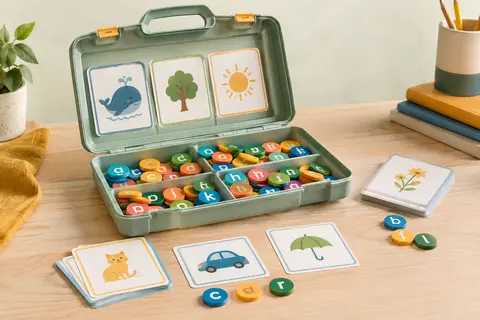 Mallette éducative ouverte avec planches illustrées et jetons lettres multicolores sur une table en bois clair.