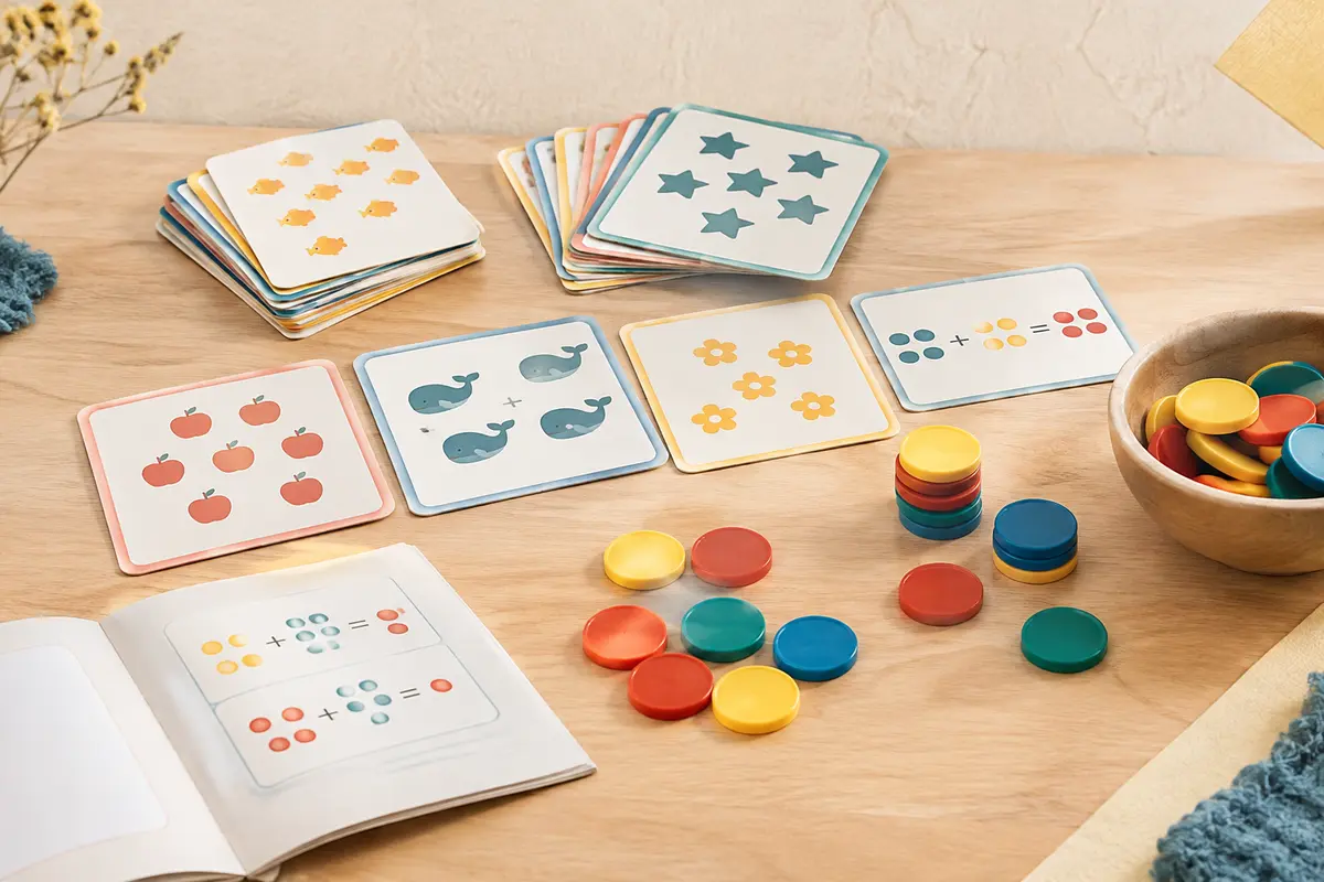 Cartes colorées et jetons-chiffres multicolores du jeu éducatif Premières additions Nathan