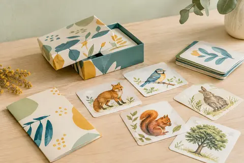 Jeu de cartes multicolores Motordu et quelques cartes posés sur une surface en bois clair
