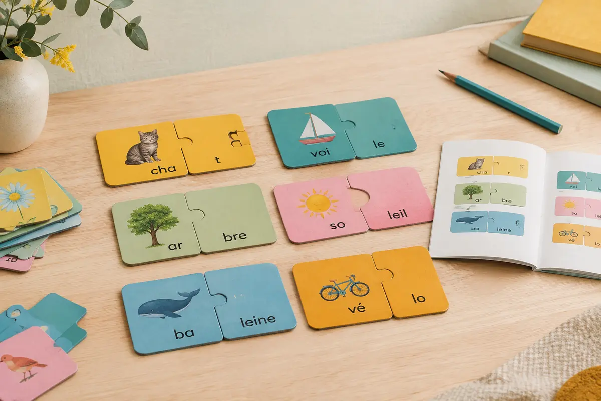 Cartes-mots en carton assemblées en puzzle avec le guide de jeux sur une table en bois clair