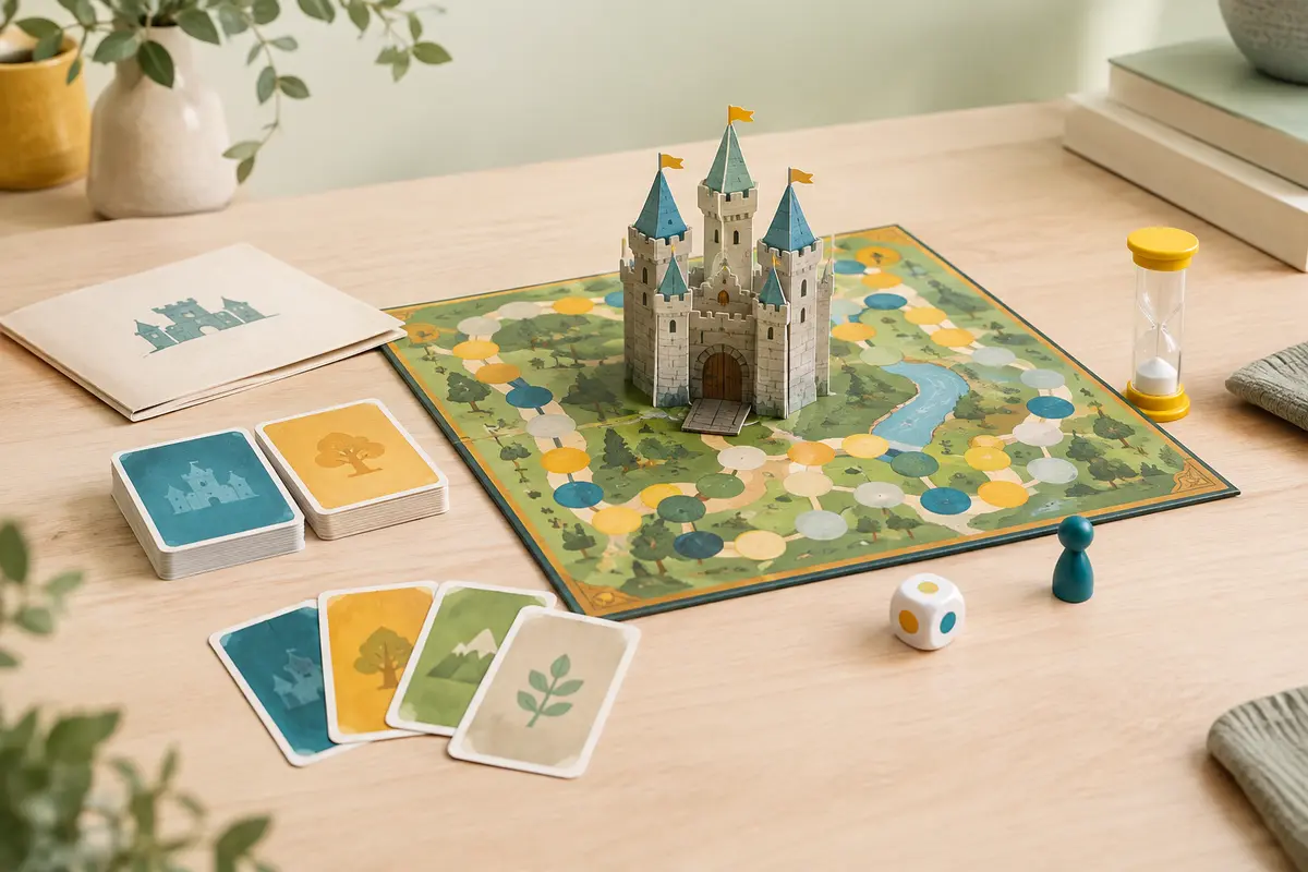 Plateau, château en carton, dé rond, sablier, pion et cartes du jeu du Prince de Motordu