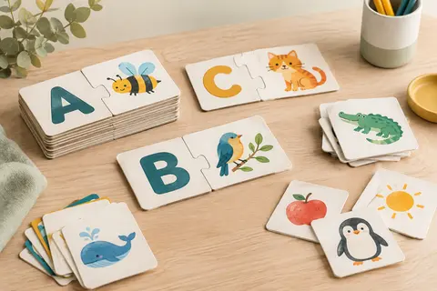 Cartes colorées du jeu Nathan Les Lettres disposées sur du bois clair pour associer lettres et images.