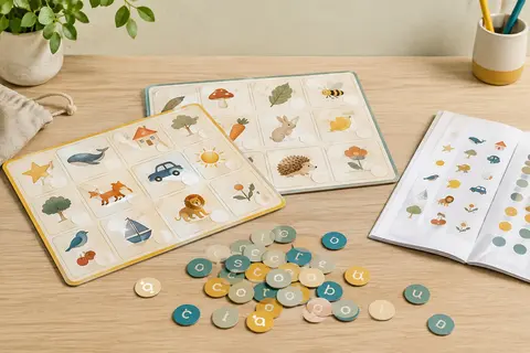 Planches illustrées et jetons lettres multicolores du jeu Nathan La Petite École, Les Mots