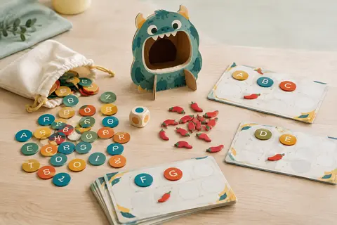 Planches de mots, jetons lettres, piments et dé du jeu Nathan Le Glouton des mots