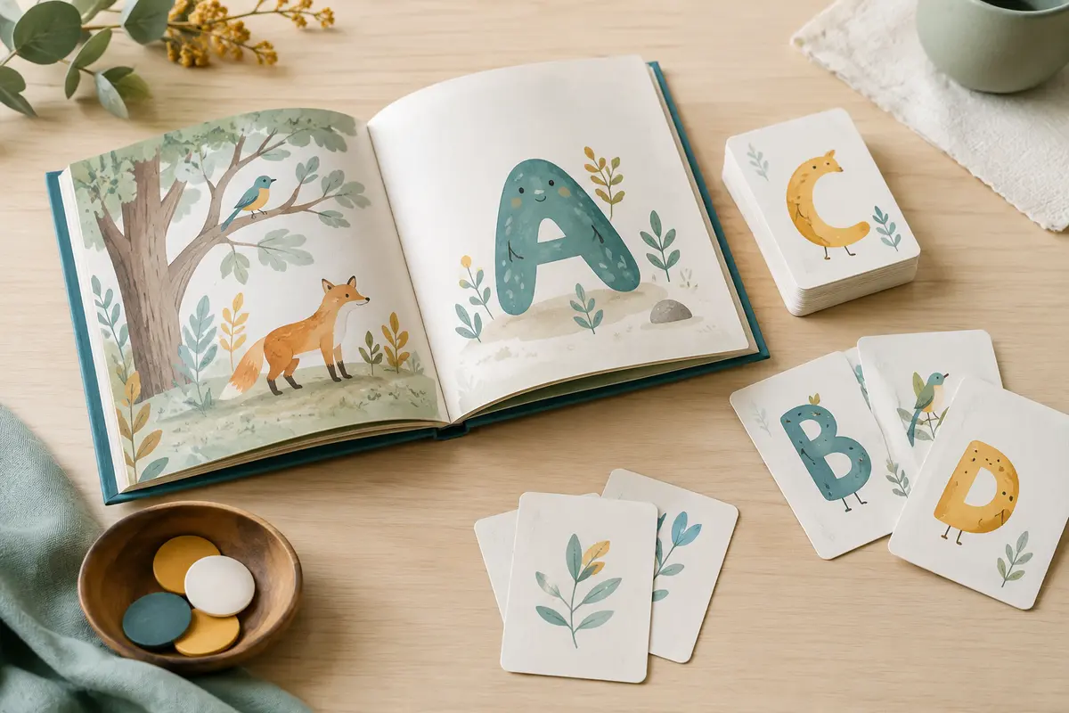 Livre illustré pour apprendre les syllabes posé à côté de cartes de jeu sur une table claire