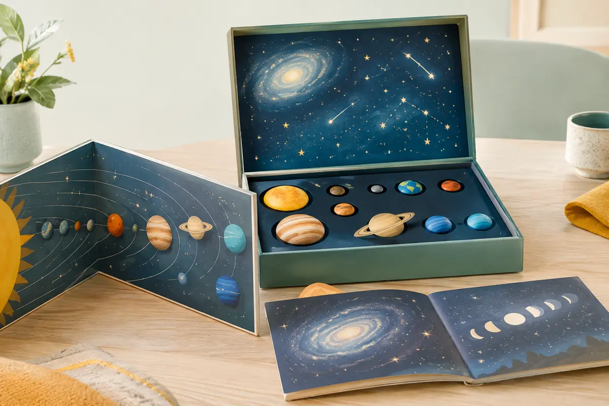Coffret d’astronomie ouvert sur un support illustré, posé sur une table en bois clair.