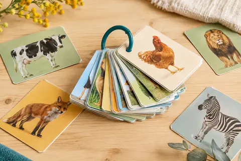 Cartes illustrées d’animaux pour bébé, réunies par un anneau en plastique sur un fond clair.