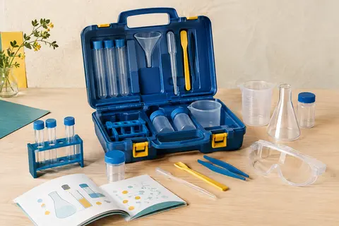 Coffret de chimie bleu pour enfants avec ses outils de laboratoire disposés sur une table claire