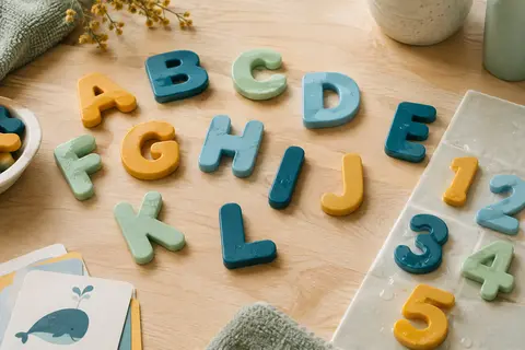 Lettres majuscules et chiffres de bain colorés posés sur du bois clair près d’un carreau mouillé.