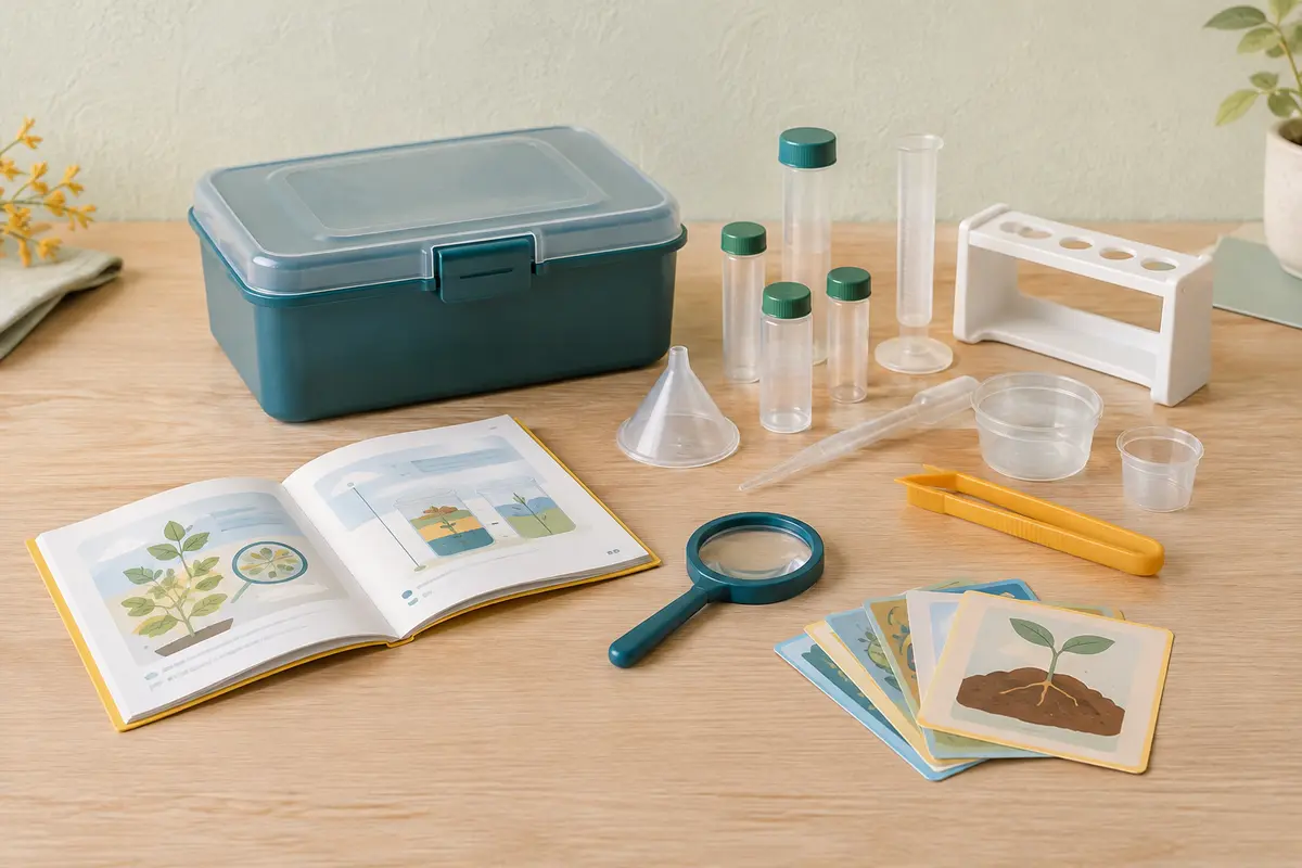 Kit d’expériences scientifiques Patifeed avec ses accessoires et son manuel en couleur sur une table en bois clair.