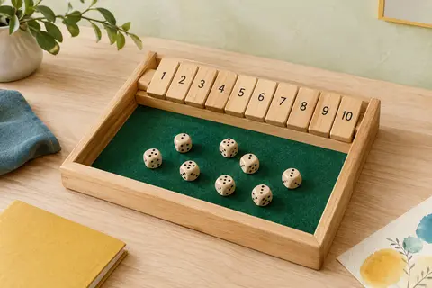 Plateau Shut the Box en bois avec tuiles numérotées, feutre vert et dés posés sur une table claire