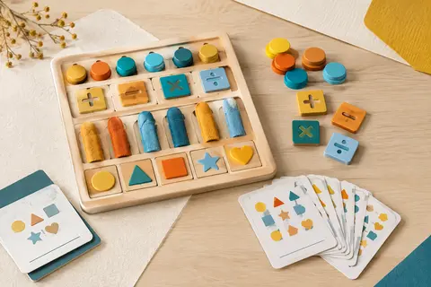 Planche de calcul en bois avec doigts en feutre, blocs numériques et cartes de nombres.