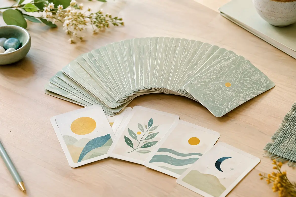 Cartes de chasse au trésor nature disposées en éventail sur une table en bois clair