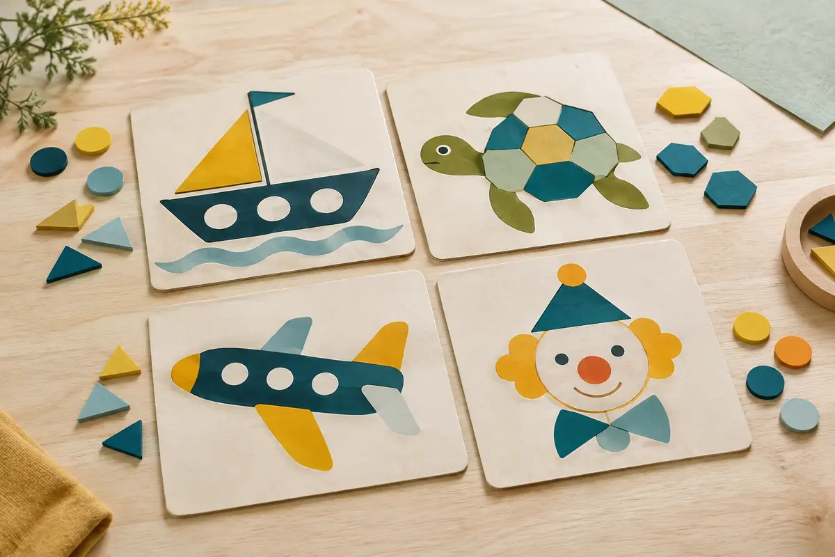 Planches de silhouettes illustrées et jetons colorés du jeu d’association Ravensburger sur un fond clair