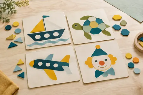 Planches de silhouettes illustrées et jetons colorés du jeu d’association Ravensburger sur un fond clair