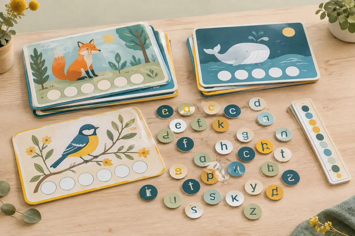 Planches illustrées, jetons lettres et réglette de décodage disposés sur une table en bois clair.