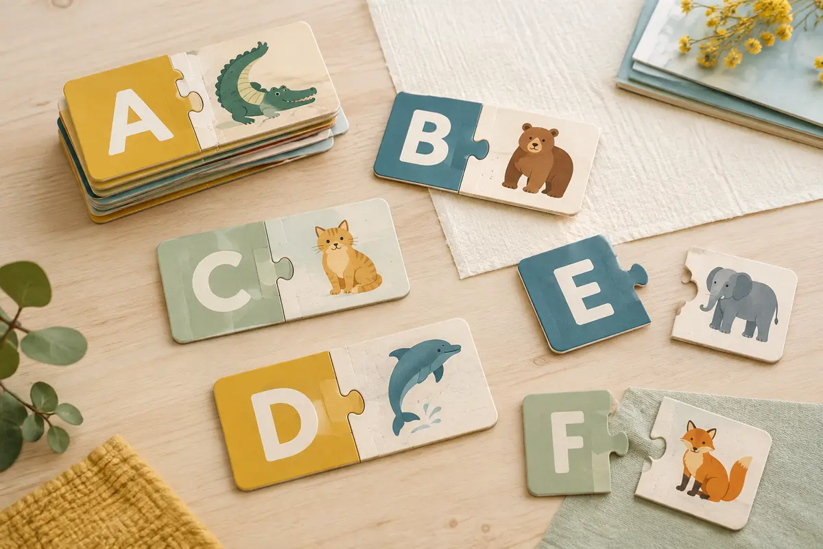 Cartes-puzzles colorées associant des lettres de l’alphabet à des illustrations sur un fond clair.