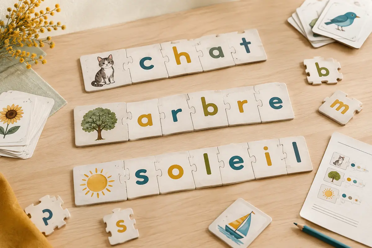 Pièces illustrées du jeu Ravensburger Premiers mots assemblées en puzzles de lettres et de syllabes