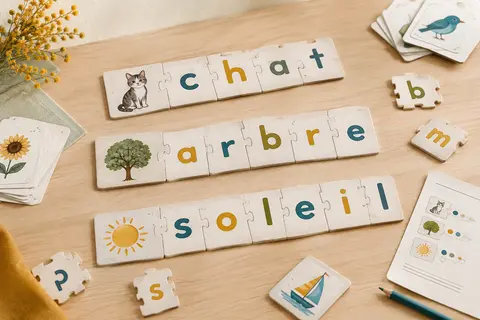 Pièces illustrées du jeu Ravensburger Premiers mots assemblées en puzzles de lettres et de syllabes