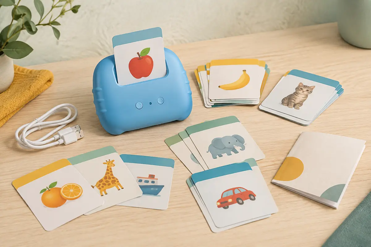 Lecteur de cartes éducatives bleu accompagné de cartes illustrées, d’un câble et d’un livret sur bois clair.
