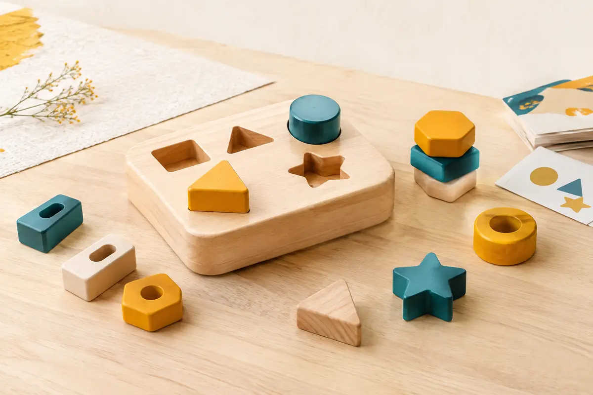 Pièces géométriques multicolores en bois du jeu de tri et d’empilage Rtomry
