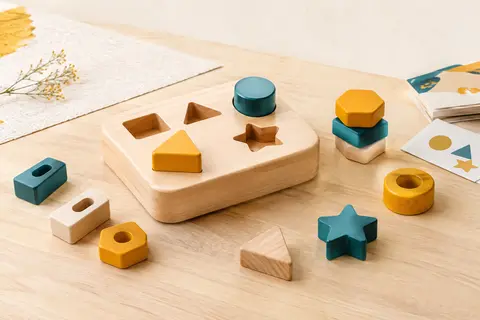 Pièces géométriques multicolores en bois du jeu de tri et d’empilage Rtomry