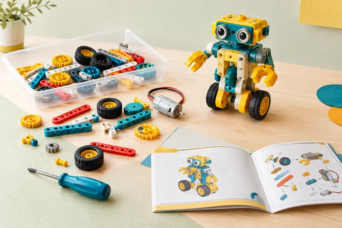 Kit robotique avec robot assemblé, pièces en plastique, engrenages, moteur, tournevis et manuel illustré
