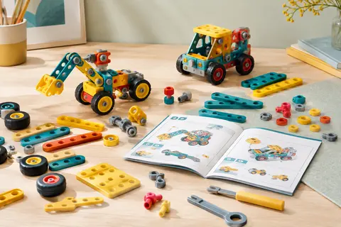 Kit de construction multicolore avec pièces à assembler et livret illustré, posé sur une table en bois clair.