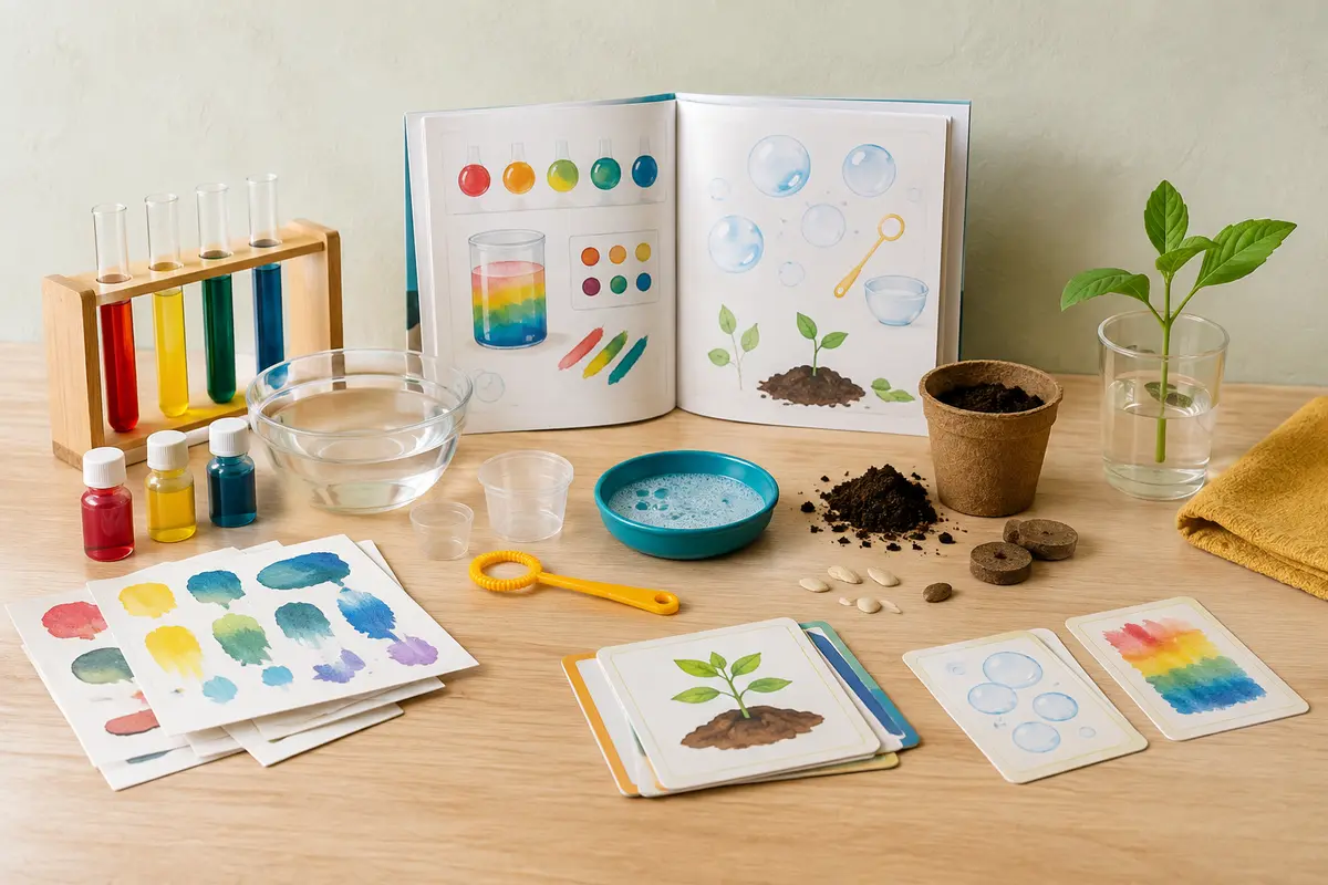 Kit scientifique pour enfants avec son livre éducatif et des éléments d’expériences sur une table claire