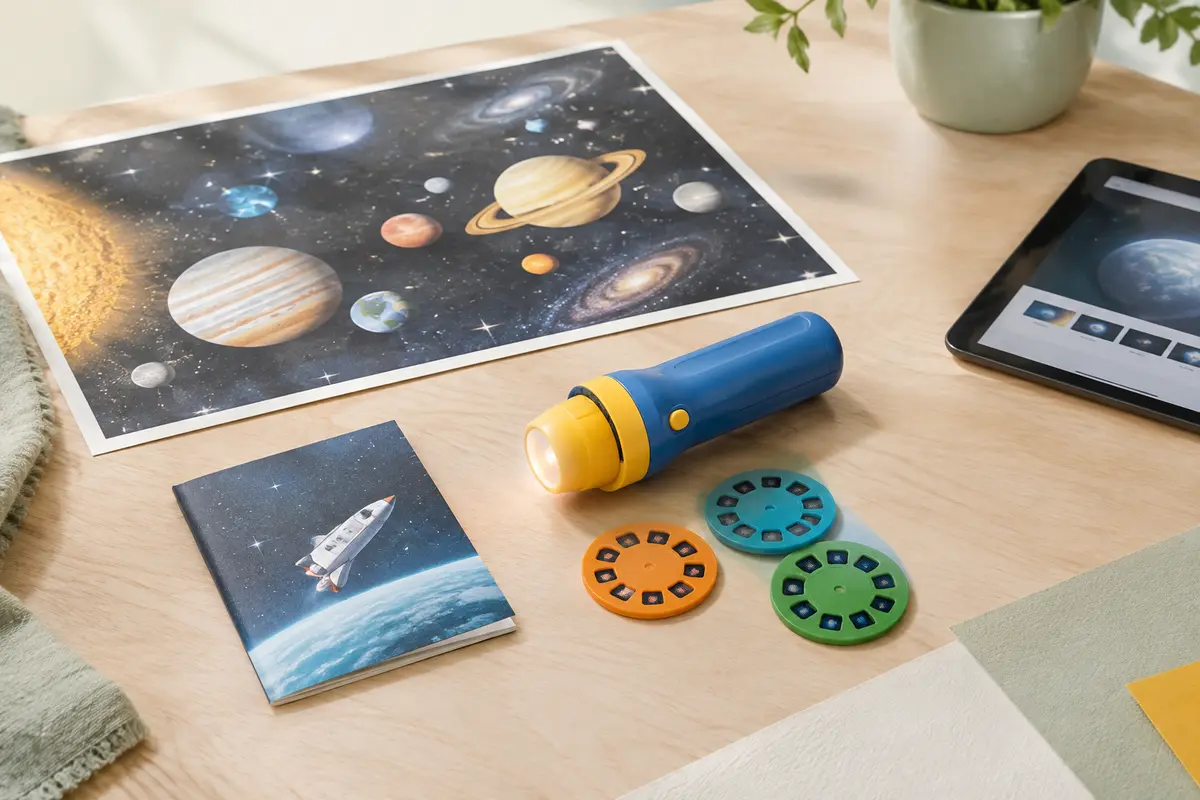Torche projecteur spatiale avec ses disques illustrés et son poster posés sur un fond clair