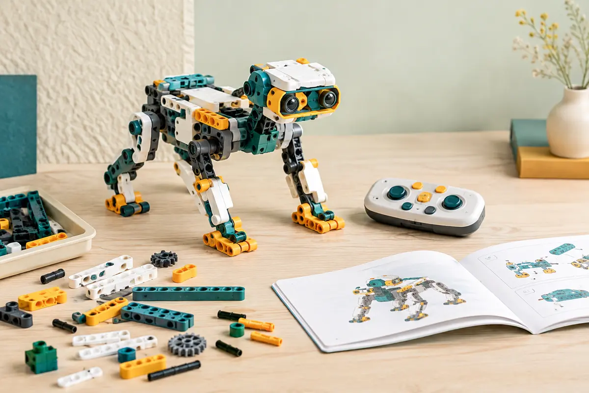 Robot de construction articulé accompagné de pièces, d’une télécommande et d’un livret sur un fond clair.