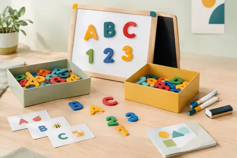 Coffret multicolore de lettres et chiffres magnétiques en mousse avec tableau, boîtes et accessoires