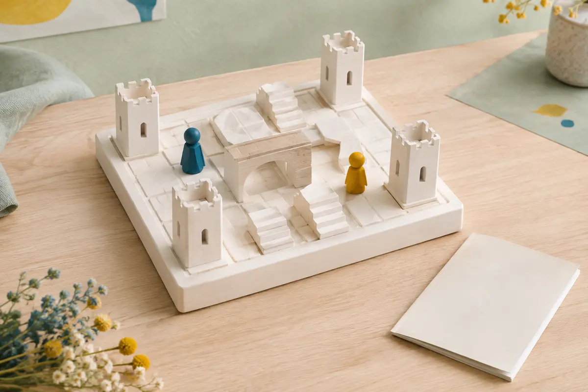 Jeu de logique en bois Camelot Jr avec base blanche, tours, escaliers, pont et deux personnages