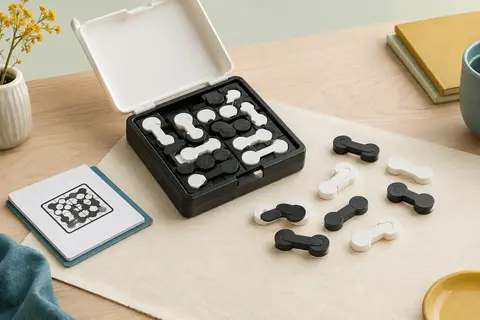 Casse-tête de connexions noir et blanc avec plateau, pièces réversibles et carnet de défis sur bois clair.