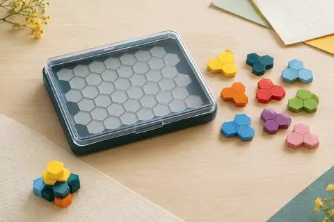 Plateau compact à couvercle transparent avec des pièces hexagonales colorées pour jouer en 2D et en pyramide