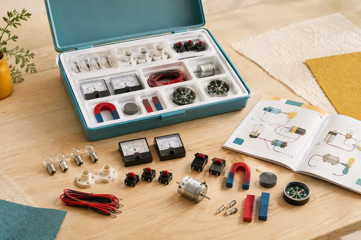 Kit scientifique d’électricité et de magnétisme avec ses composants et son manuel illustré sur une table claire