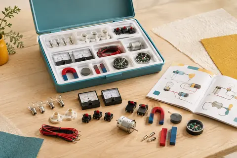 Kit scientifique d’électricité et de magnétisme avec ses composants et son manuel illustré sur une table claire