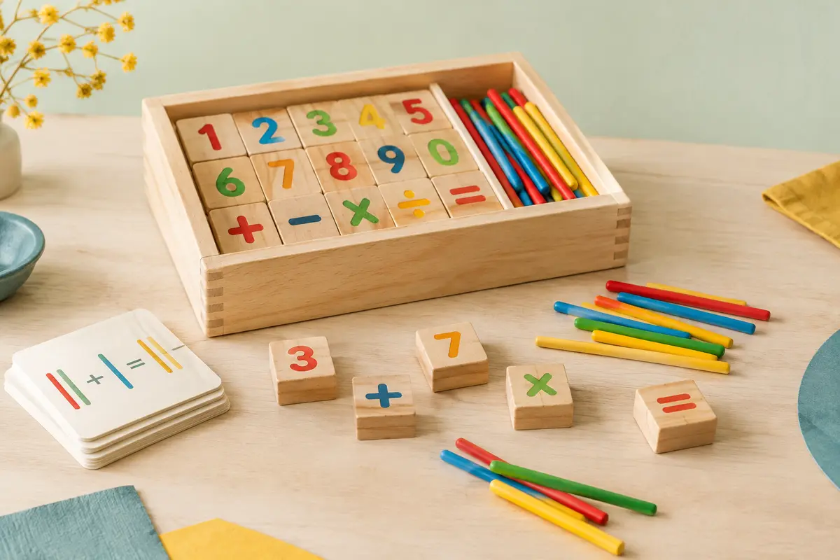 Blocs de chiffres en bois, bâtons de comptage colorés et boîte présentés sur une table claire
