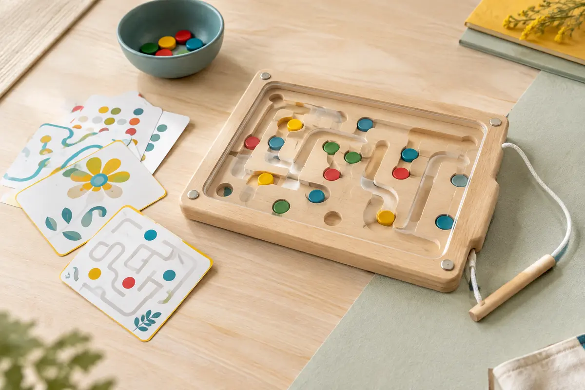 Plateau de labyrinthe magnétique en bois avec pièces colorées, cartes de motifs et stylo relié