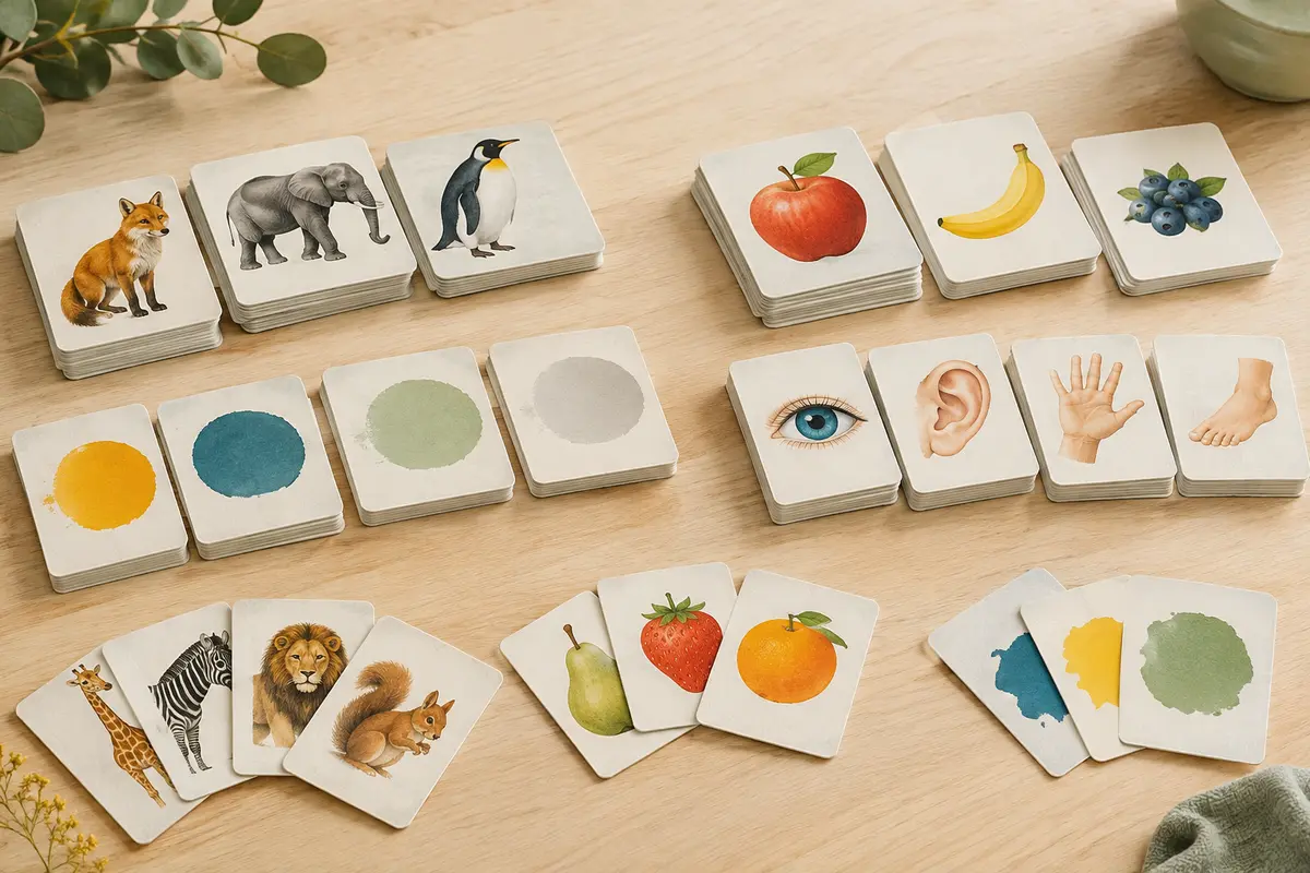 Cartes éducatives illustrées sur les animaux, les fruits, les couleurs et le corps, disposées sur du bois clair.