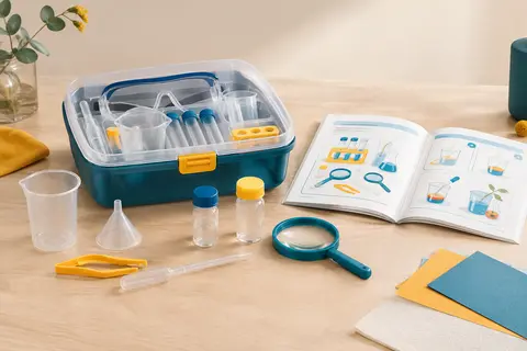 Coffret d’expériences scientifiques avec accessoires en plastique et livret illustré sur une table claire