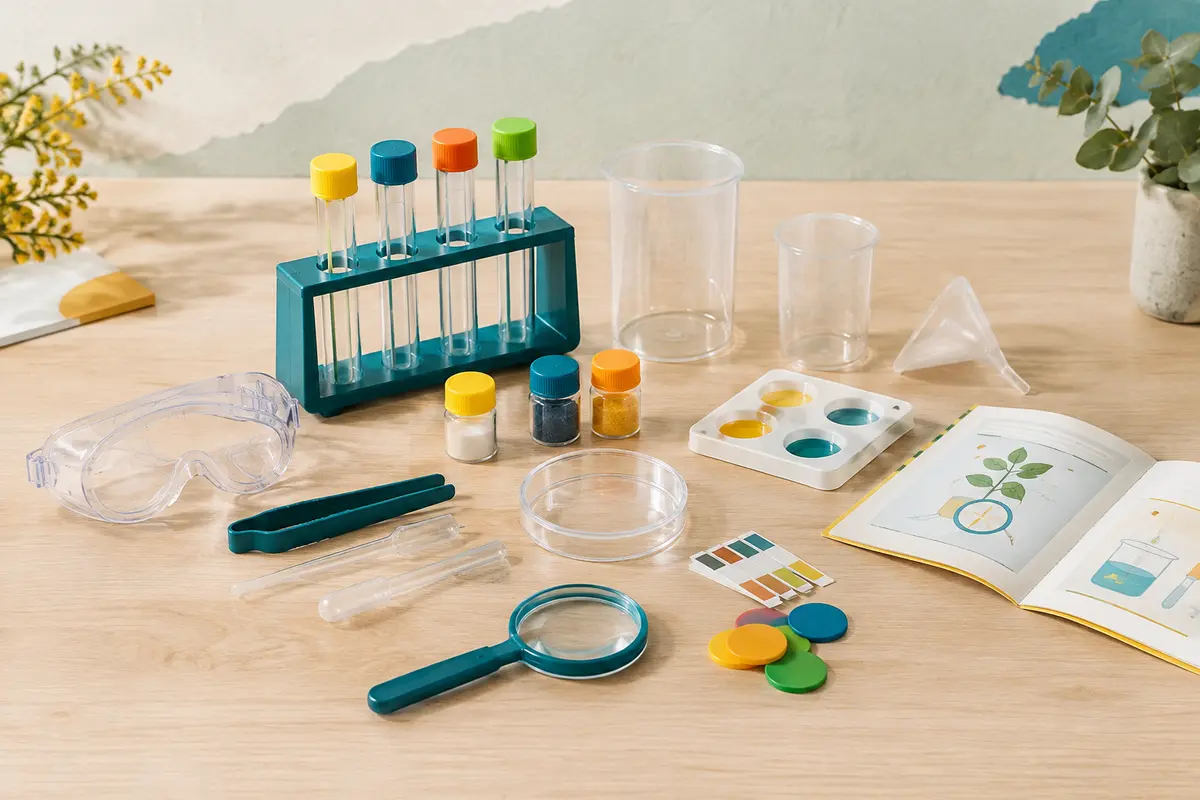 Kit multicolore d’expériences scientifiques avec ses outils et son manuel disposés sur une table claire