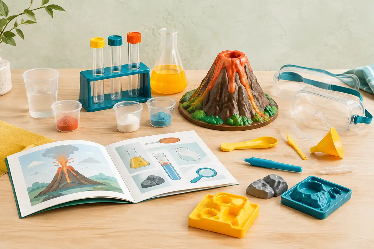 Kit scientifique multicolore avec outils, modèle de volcan et livret posé sur une table en bois clair