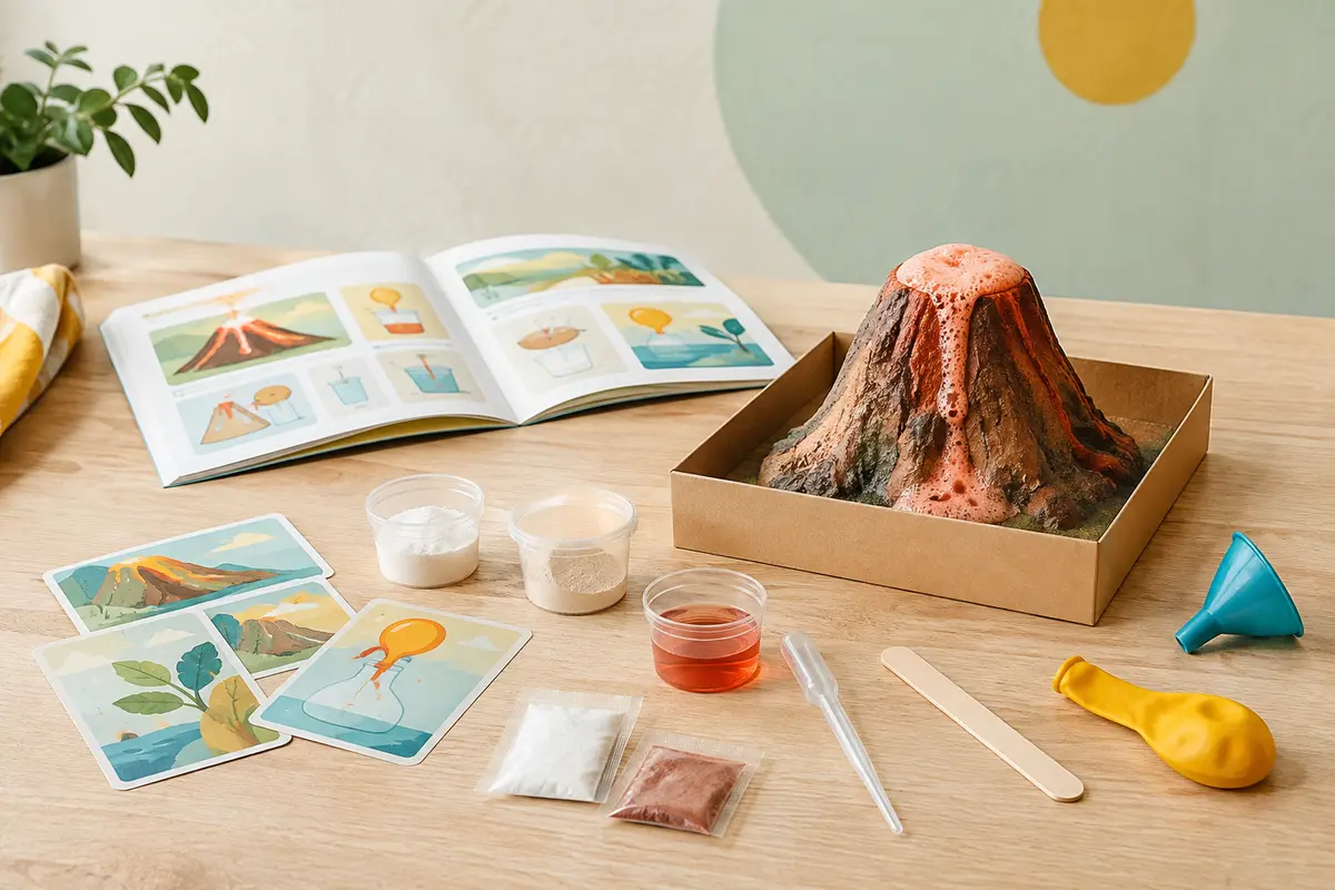 Kit d’expériences scientifiques ouvert, avec ses éléments de manipulation disposés sur du bois clair.