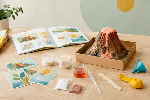 Kit d’expériences scientifiques ouvert, avec ses éléments de manipulation disposés sur du bois clair.