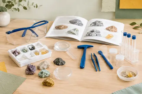 Kit scientifique avec outils en plastique, lunettes de protection, manuel illustré et roches sur une table claire.