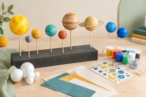 Maquette du système solaire peinte avec ses boules, ses accessoires et ses autocollants lumineux