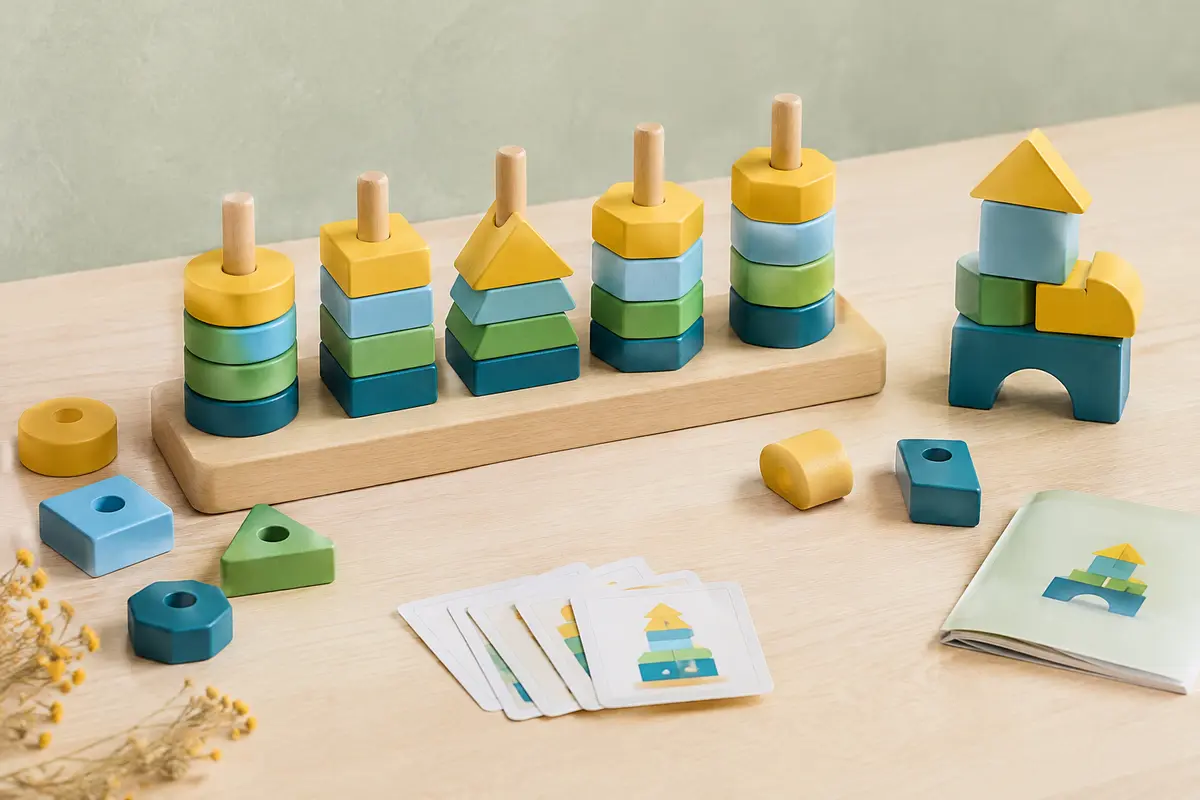 Jeu de tri en bois avec base et blocs géométriques colorés empilés et disposés en construction.