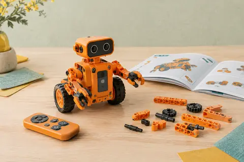 Robot éducatif orange assemblé, accompagné de pièces, d’une télécommande et d’un guide illustré